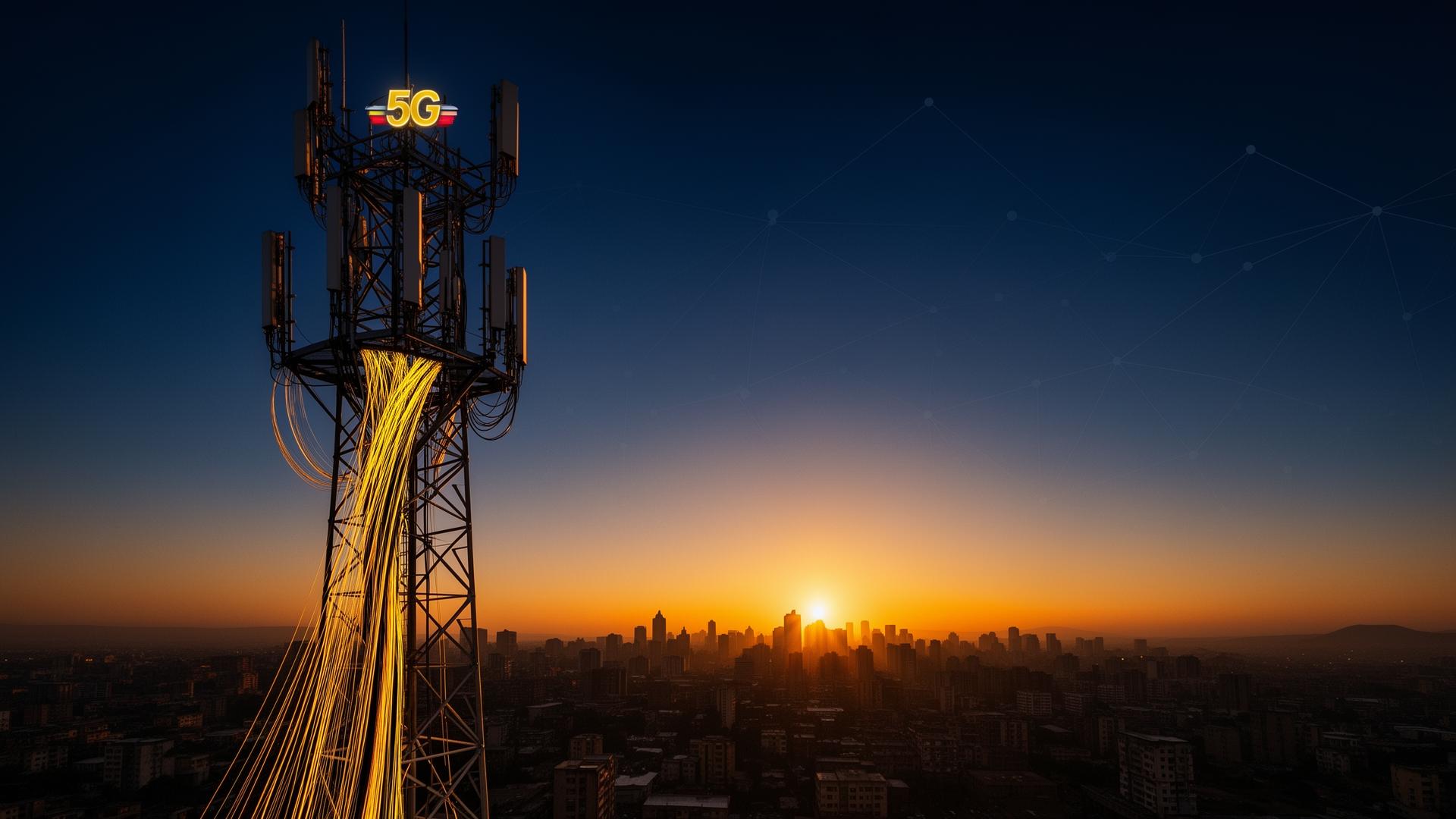 Telecommunications tower with fiber optic cabling overlooking the Addis Ababa skyline at sunset